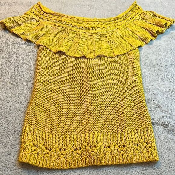 Anthropologie Mustard Yellow Crochet Ruffle Off Shoulder Sweater - Size Small - Picture 1 of 13